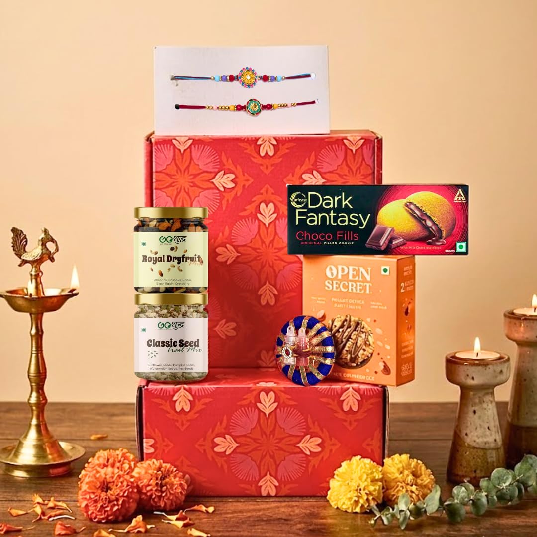 Goshudh 6 Item Rakhi Gift Hamper for Brother & Sister | Classic Seed Trail Mix, Royal Dry Fruit Mix, Open Secret Peanut Butter Cookies, Dark Fantasy, Set of 2 Designer Rakhi with Roli Chawal | Raksha Bandhan Gift Box-image-26