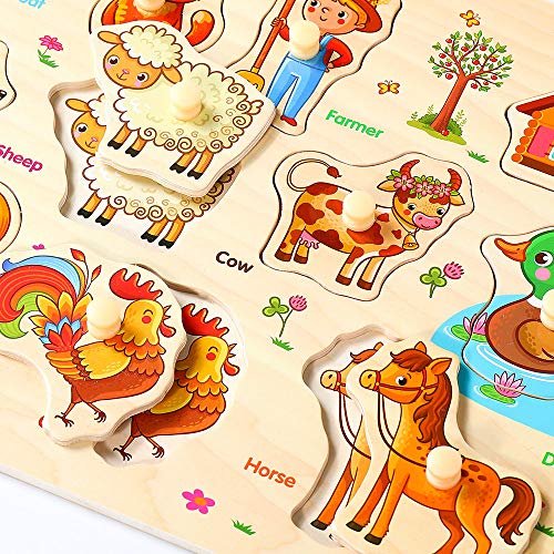 Wooden Peg Puzzle for Toddlers, 4 PCS Animal, Number, Farm and Vegetable Puzzles for Kids Ages 3+, Preschool Educational Learning Pegged Puzzles Board Toy Gifts for Boys and Girls - Thumbnail 4