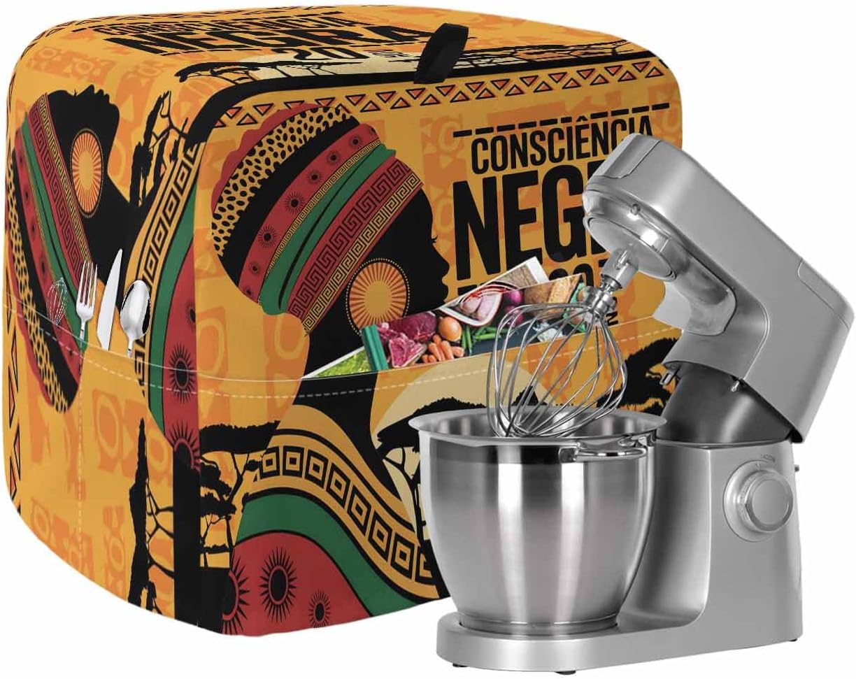 African Women Stand Mixer Cover with Storage Pocket, Waterproof Kitchen Mixer Covers, Orange Sunset Western Tribe Woods Forest Kitchen Appliance Dust Cover Compatible with 4/4.5 Quart Mixers