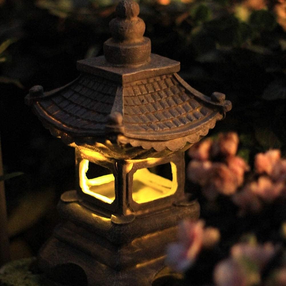 13.4 Inch Small Pagoda Garden Lantern Solar Light, Japanese Style Outdoor Stupa Statue Zen Art Oriental Lawn Sculpture