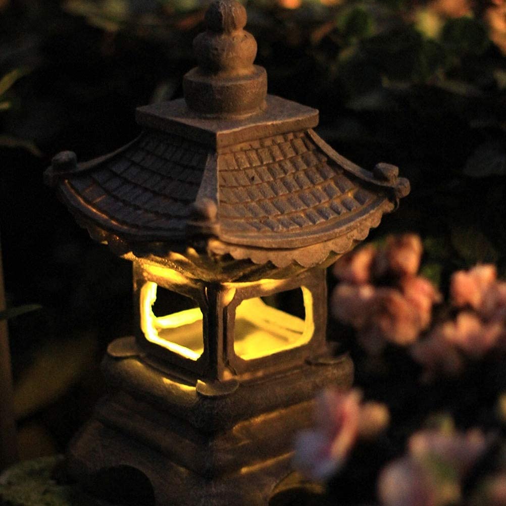 Rzeźba ogrodowa 33,4 cm mała pagoda ogrodowa latarnia solarna lampa, japoński styl zewnętrzny stupa statuetka zen sztuka orientalna rzeźba trawnika