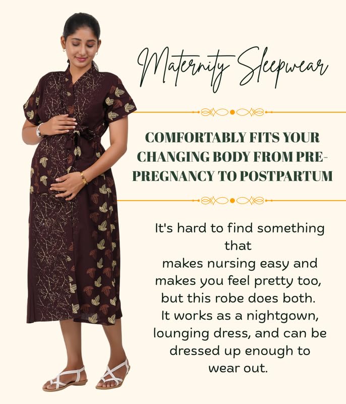 Image of MENMAII Cotton Feeding Robe for Women | Soft Breathable Maternity & Nursing Wear | Front Open Easy Feeding Access | Comfortable Nightwear for New Moms|Calf Length [Size: L,XL,XXL,3XL /FS]