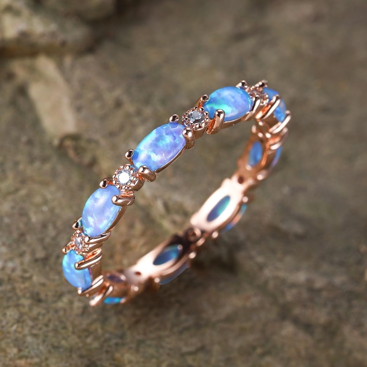 Opal Ring for Women Rose Gold Plated 925 Sterling Silver Opal Engagement Wedding Promise Rings Jewelry Gifts for Her (7, Rose Gold,Blue Opal) - Image 3