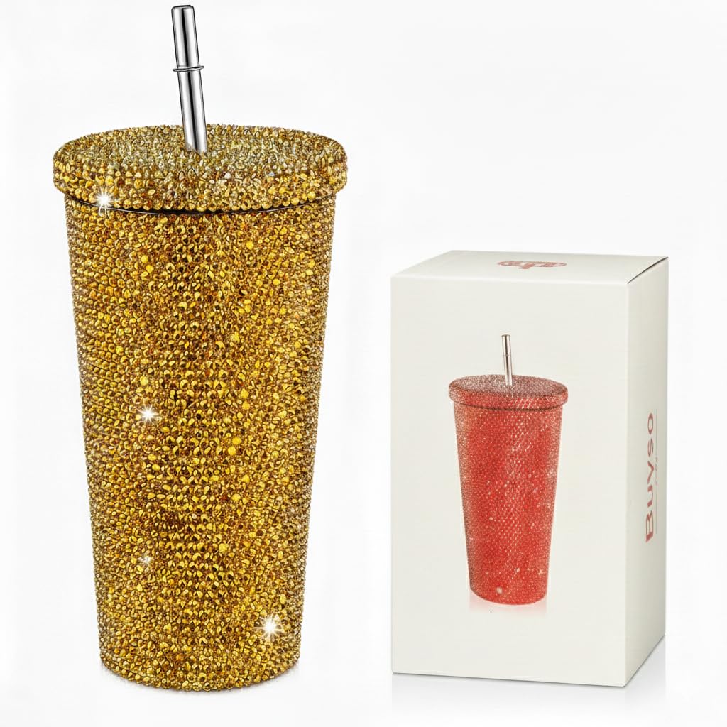 Studded Diamond Tumbler Bling Rhinestone Glitter Thermal with Lid Reusable Insulated Stainless Steel Bling Premium Vacuum Cup Aesthetic Water Bottle Gift (Gold, 16.9 oz / 500 ml)