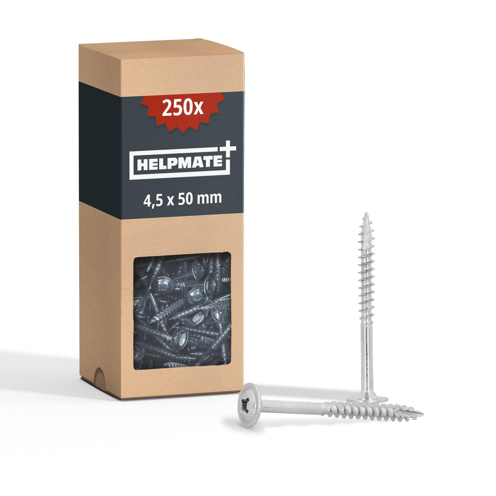 HELPMATE - Wood connector screws, flat head, 4.5x50, electro-galvanized - 250 pieces Wood screws with PZ2 drive and cutting notch - For fastening metal fittings to wood