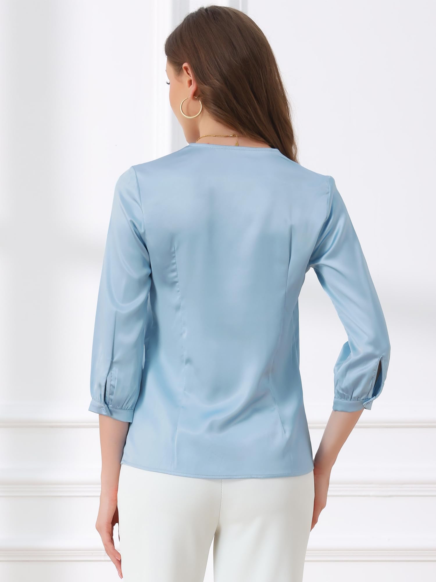 Allegra K Blusa de satén para Mujer Camisas Informales sólidas con Cuello en V de Manga 3/4