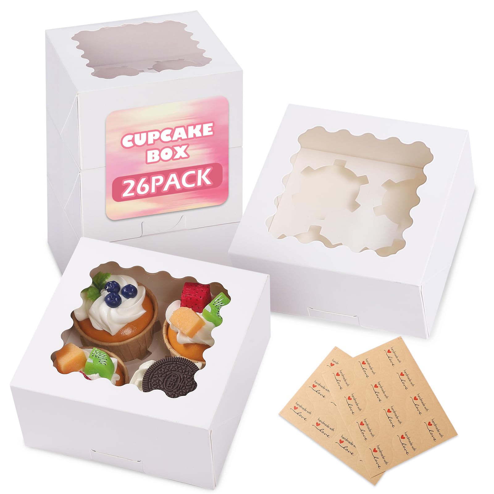 pupuluck 26 Pcs Cupcake Boxes 4 Hole with Window Dessert Cup Cake Boxes (15.2x15.2x7.5cm) Thick Paper No Folding Required Cupcake Box for Donuts Chocolate Cake Dessert
