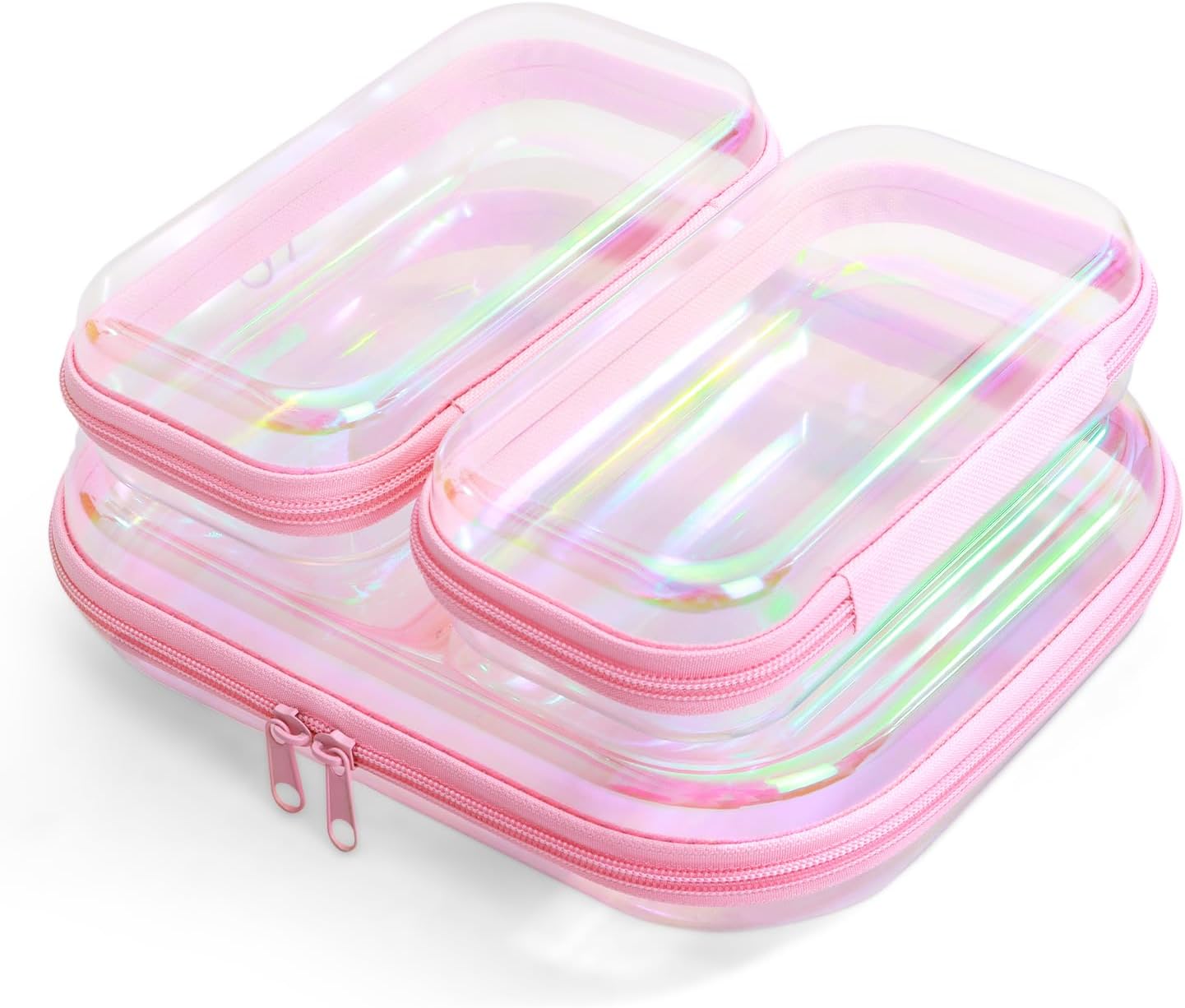 Clear Hard Shell Zipper Case, Surface scratch resistant material, Portable Cosmetic Bag with Zipper, Diaper Bag Organizing Pouches, Hard Plastic Case, Clear Bags for Organizing, Laser Pink (3 Pcs)