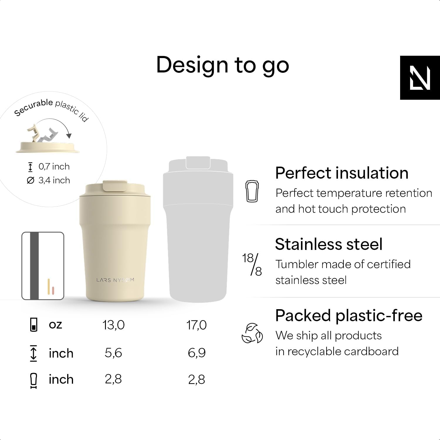 LARS NYSØM Thermo Coffee Mug to go 13oz | Travel Mug 0.38 Liter with Insulation | Leak Proof Stainless Steel Thermal Tumbler for Coffee and Tea on the Go (Almond Beige, 12.9oz) - Image 4
