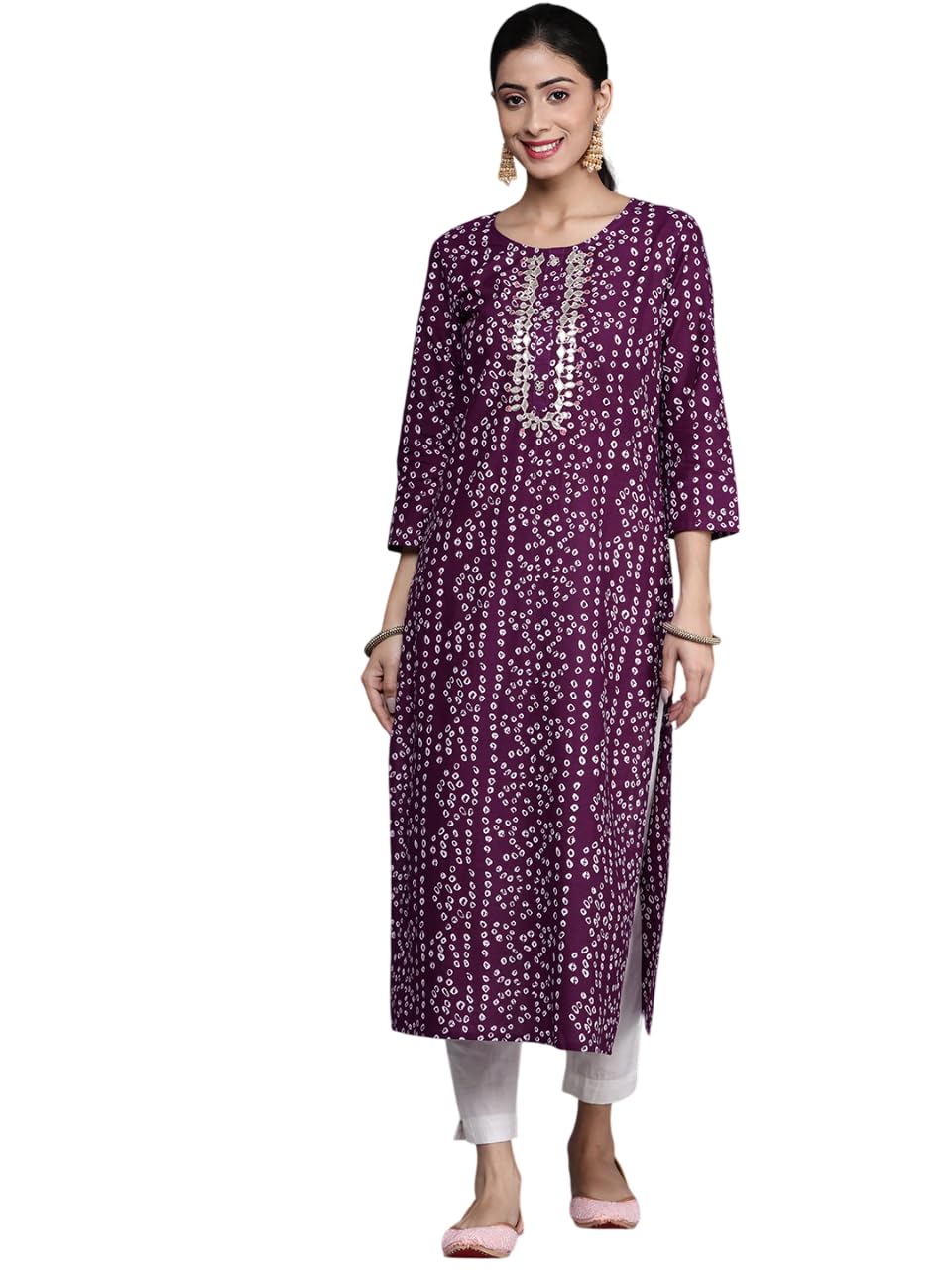 Jaanvi Fashion Kurta da Donna in Cotone Ricamato a Specchio Bandhani - Abbigliamento Etnico, Casual e Festivo, Comodo ed Elegante