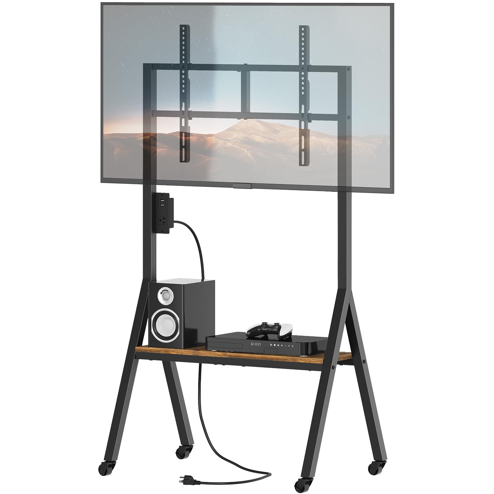 YATINEY Rolling TV Stand for 50" TVs with Power Outlets, Mobile TV Stand on Wheels and Shelf, TV Cart with Swivel Mount, for Living Room, Conference