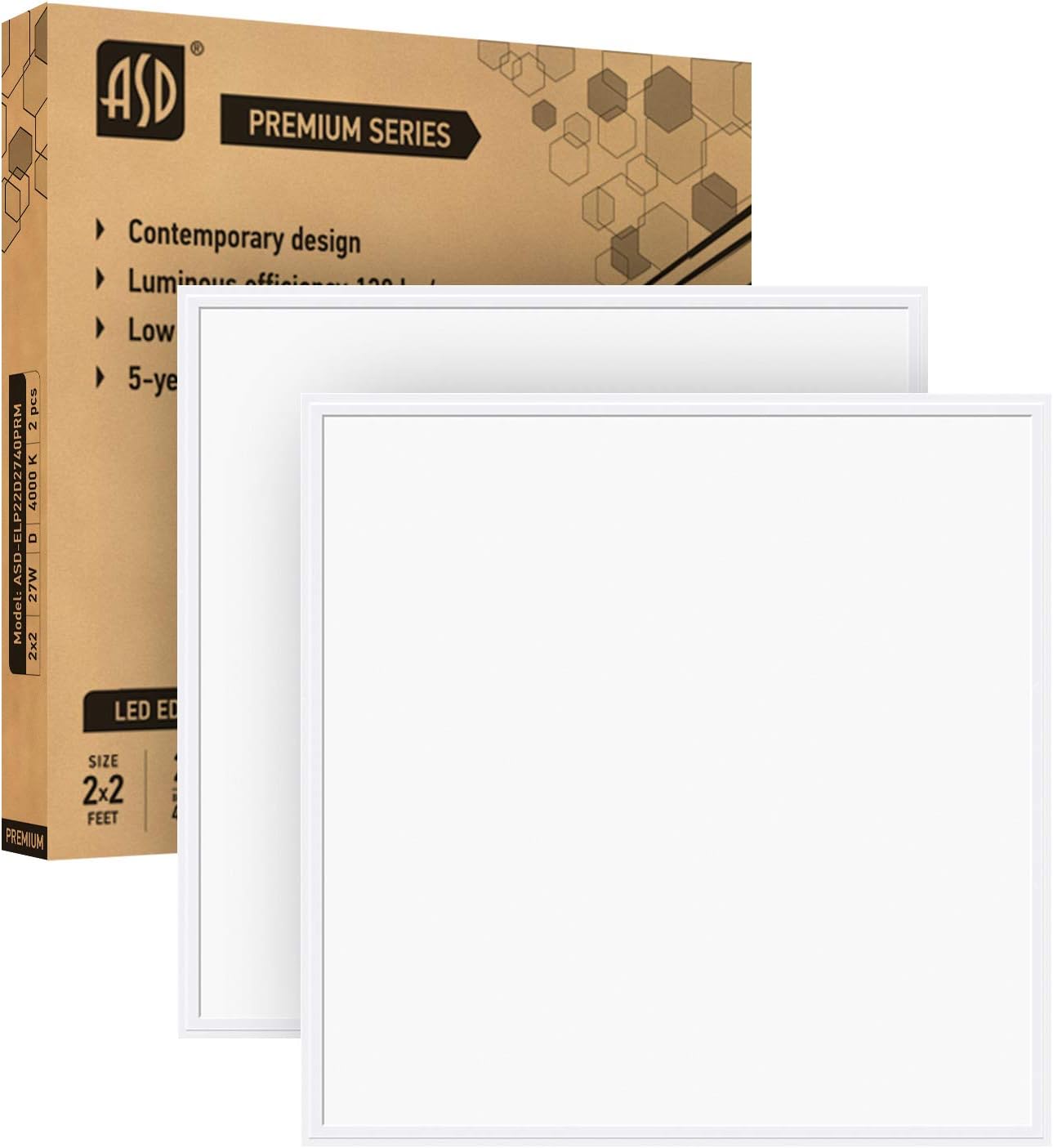 ASD 2x2 LED Flat Panel Light 27W (70W Equivalent) Dimmable - 3607 Lm Edge Lit Panel 4000K (Bright White) - 120-277V Square Drop Ceiling Indoor Commercial Fixture - UL Listed DLC Certified - 2 Pack