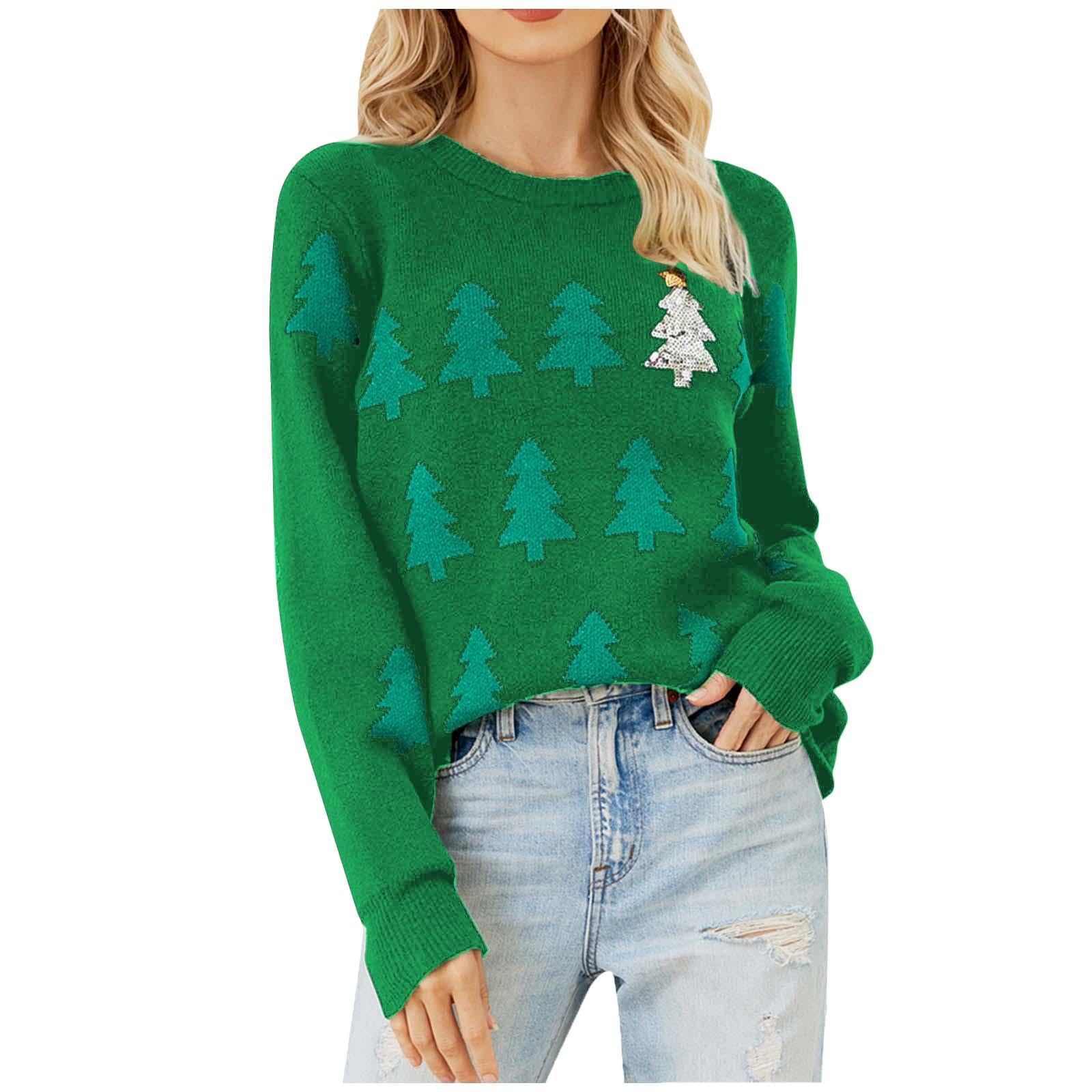 Akivide Womens Glitter Sequin Embellished Ugly Christmas Sweaters Funny Xmas Pullover Crewneck Knitted Jumper Sweater