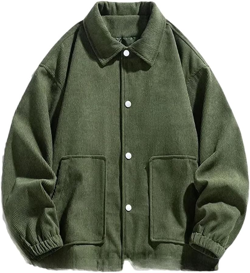HEYDHSDC Men's Corduroy Jacket Turn-Down Collar Solid Color Outerwear Single Breasted Coat
