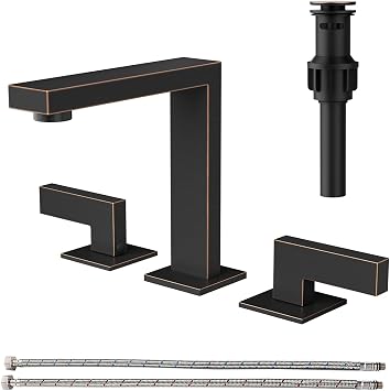 RUMOSE 8 inch Widespread Oil Rubbed Bronze Bathroom Faucets for Sink 3 Hole Stainless Steel 2 Handle Lavatory Square Faucet Modern RV Bathroom Faucets with Pop Up Drain Vanity Faucet Deck Mounted