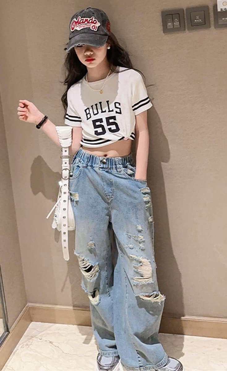 Girls Wide Leg Ripped Jeans Kids Baggy Elastic Waist Washed Denim Pants 5-14 Years - Image 7