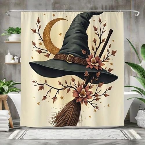 GLKSDLPO Witch's Magic Hat and Broom Shower Curtain - Autumn Halloween Theme with Moon and Fallen Leaf Decorations, Perfect(160x200cm/63x79in(WxH))