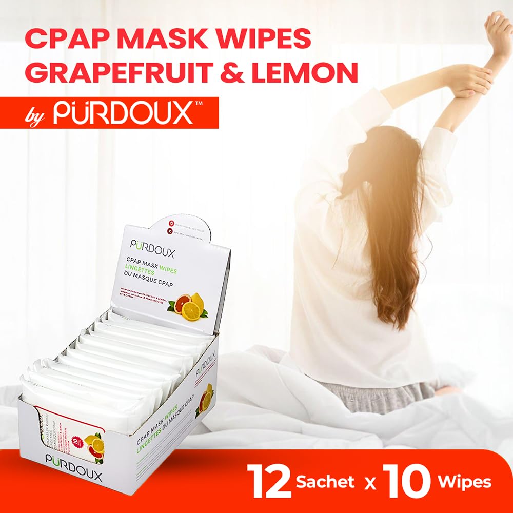PURDOUX CPAP Mask Wipes 100% Cotton Grapefruit & Lemon Scent | Alcohol Free | Cleaning Wipes for CPAP Machine, CPAP Tubes and Accessories | Box of 120 Wet Wipes (12 resealable sachets, 10 Wipes Each)
