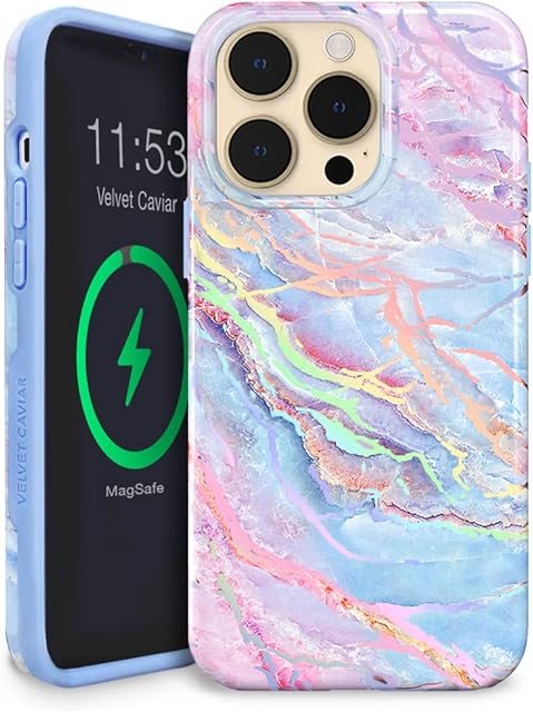 Velvet Caviar Designed for iPhone 14 PRO MAX Case for Woman Women [10ft Drop Tested] Compatible with MagSafe - Cute Magnetic Phone Cover - Protective Microfiber Lining (Holographic Blue Marble)