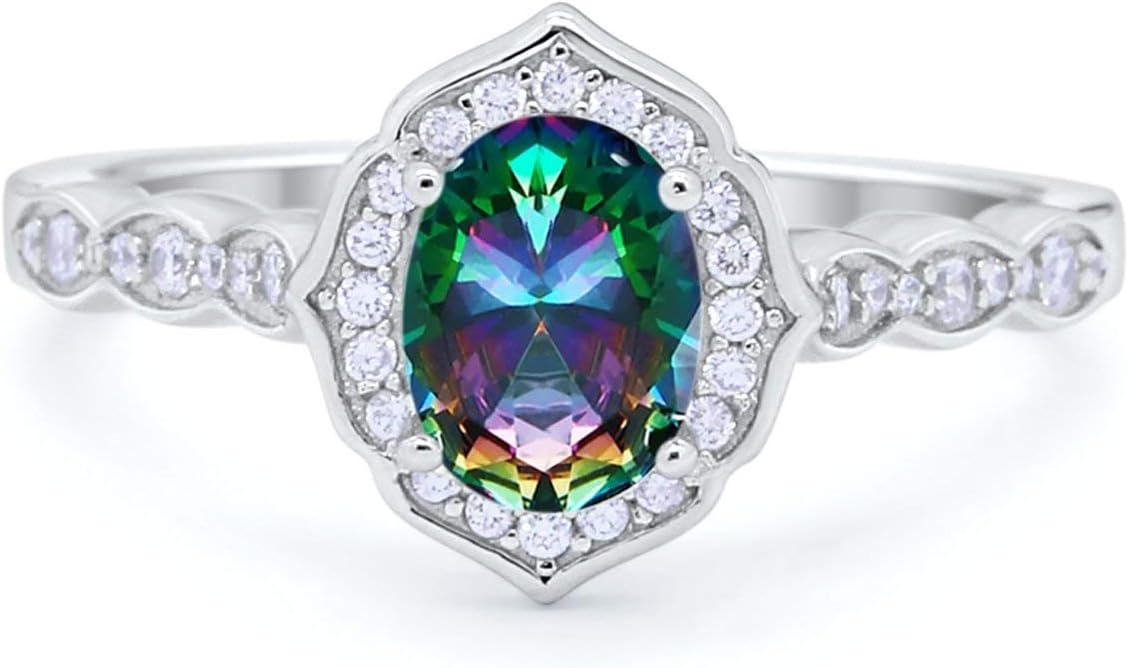 Oval Wedding Engagement Bridal Art Deco Ring Round Cubic Zirconia 925 Sterling Silver