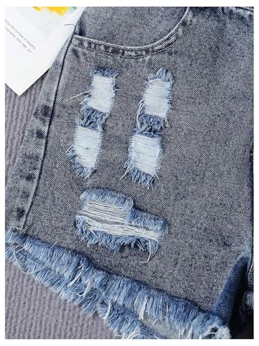 Image of Floerns Girl's Ripped Raw Hem Elastic Waist Straight Leg Denim Shorts with Pockets