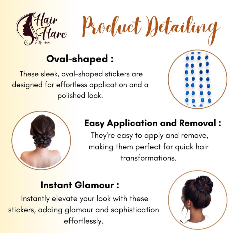 Image of Hair Flare Shimmering Oval Hair Stickers: Easy Stick-On Hair Accessories, 36 Pieces per Pack 2869 Blue