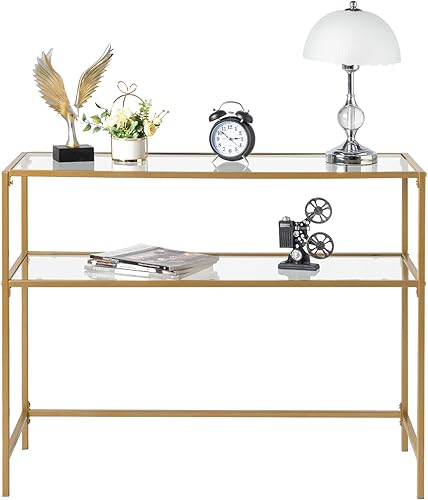 Miniatura 5 de Ochine Mesa de sofá de vidrio templado, mesa de entrada moderna, mesa de vidrio templado, mesa de sofá delgada detrás del sofá con marco de metal