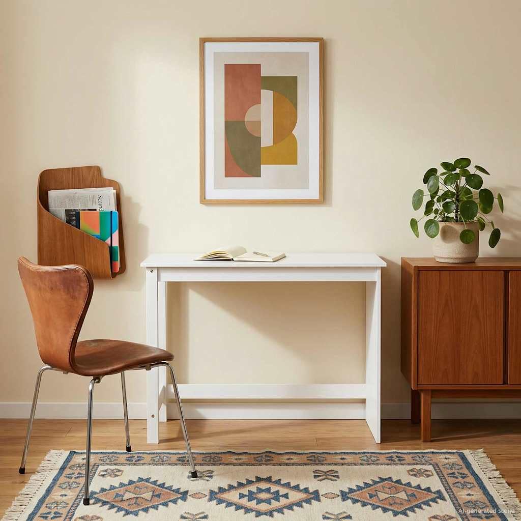 Białe biurko 112 x 50 x 75 cm z litego drewna sosnowego do domowego biura, gabinetu, pokoju młodzieżowego i dziecięcego, z zarządzaniem kablami, półką na klawiaturę, regałem i szufladą