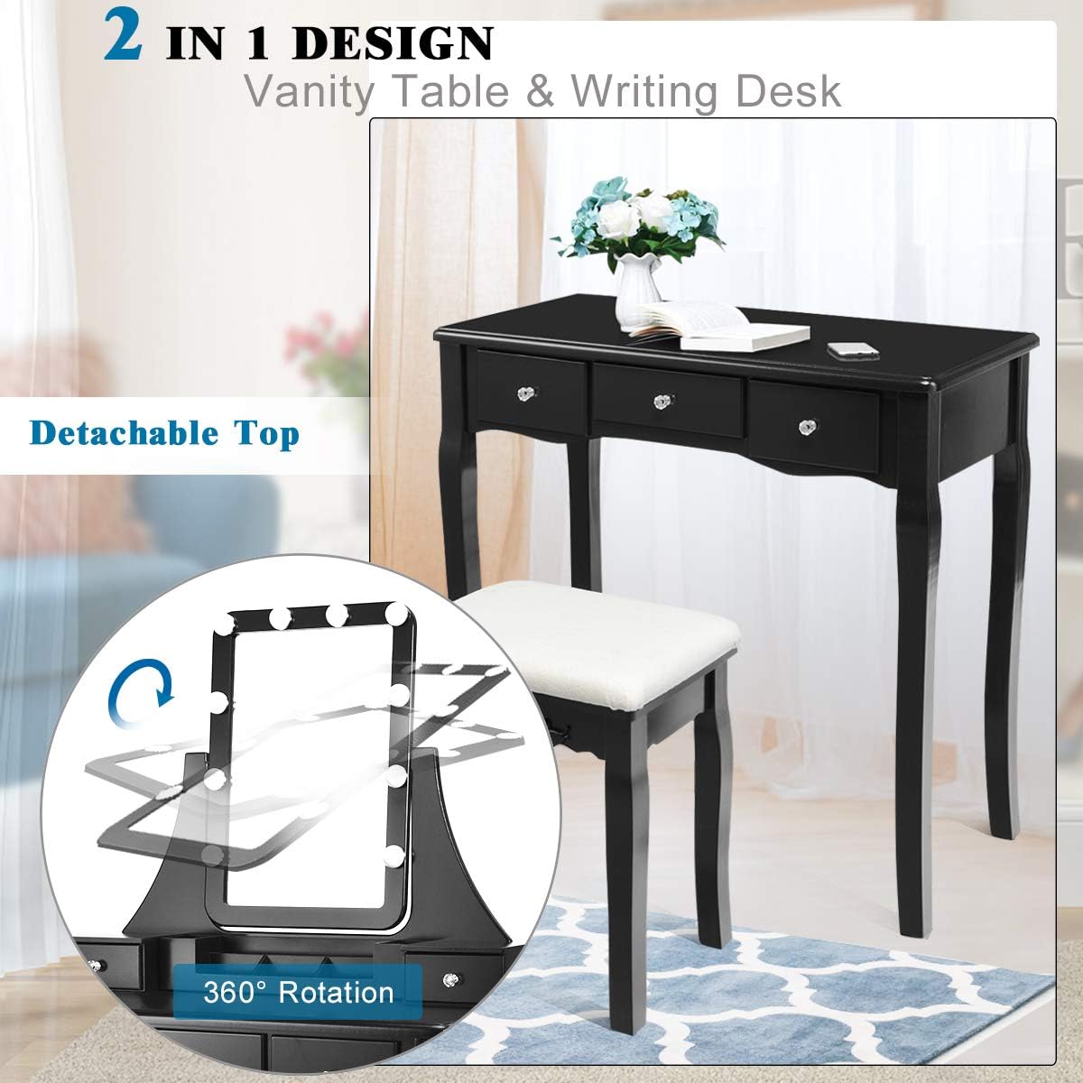 CHARMAID Vanity Set with Lighted Mirror, 10 Dimmable Light Bulbs Vanity Dressing Table, 5 Drawer with 2 Dividers Removable Organizer, Makeup Table and Cushioned Stool Set with 10 LED Bulbs (Black)