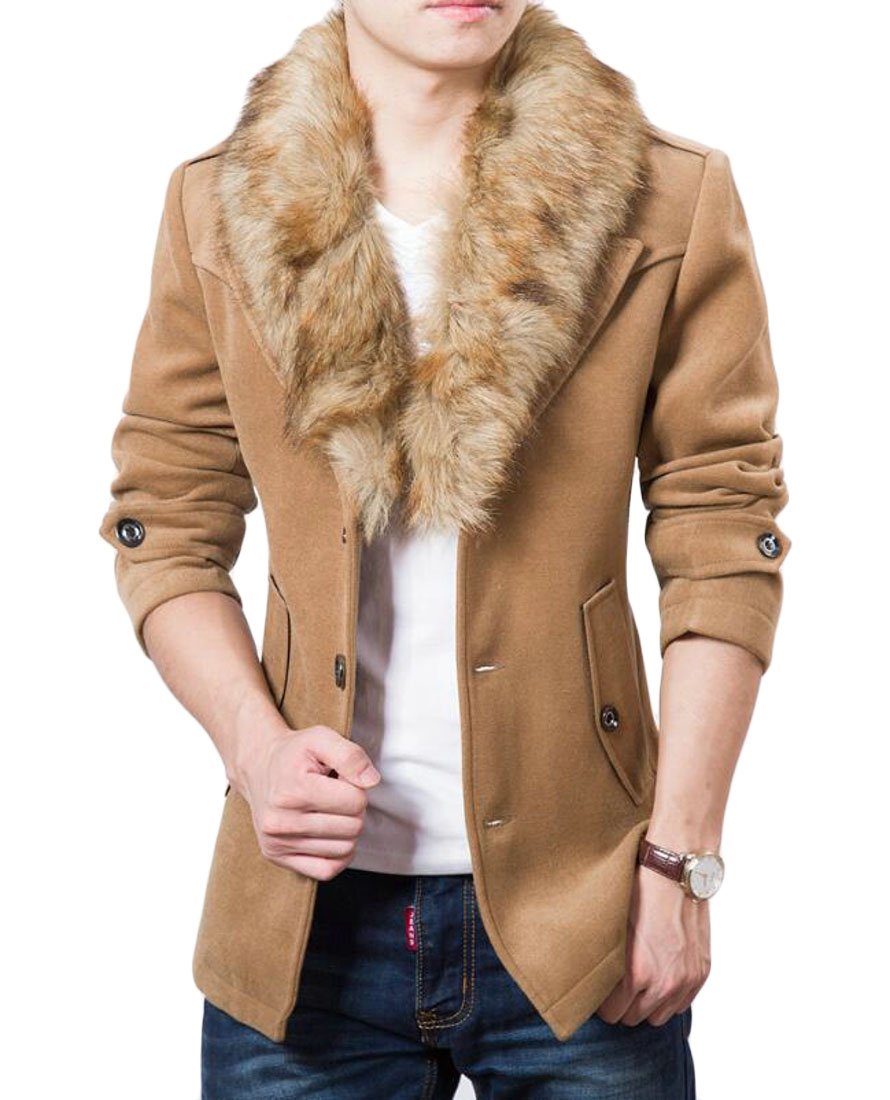 nanquan-men clothes NQ Mens Detachable Faux Fur Collar Wool Blend Trench Pea Coat Outwear Khaki XS-picture-14