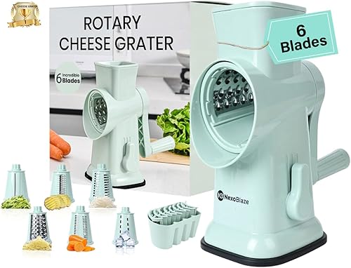 Rallador de queso giratorio 6 en 1 con 6 cuchillas de acero inoxidable, triturador de queso con base de succión reforzada, rallador para queso,