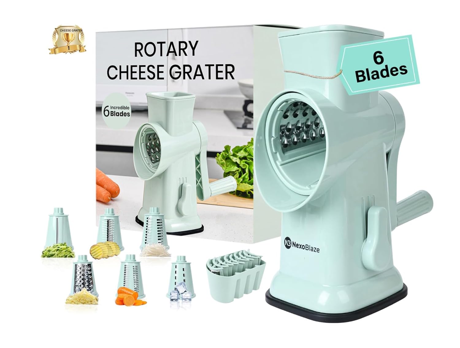 6 in 1 Rotary Cheese Grater Hand Crank with 6 Stainless Steel Blades Cheese Shredder with Reinforced Suction