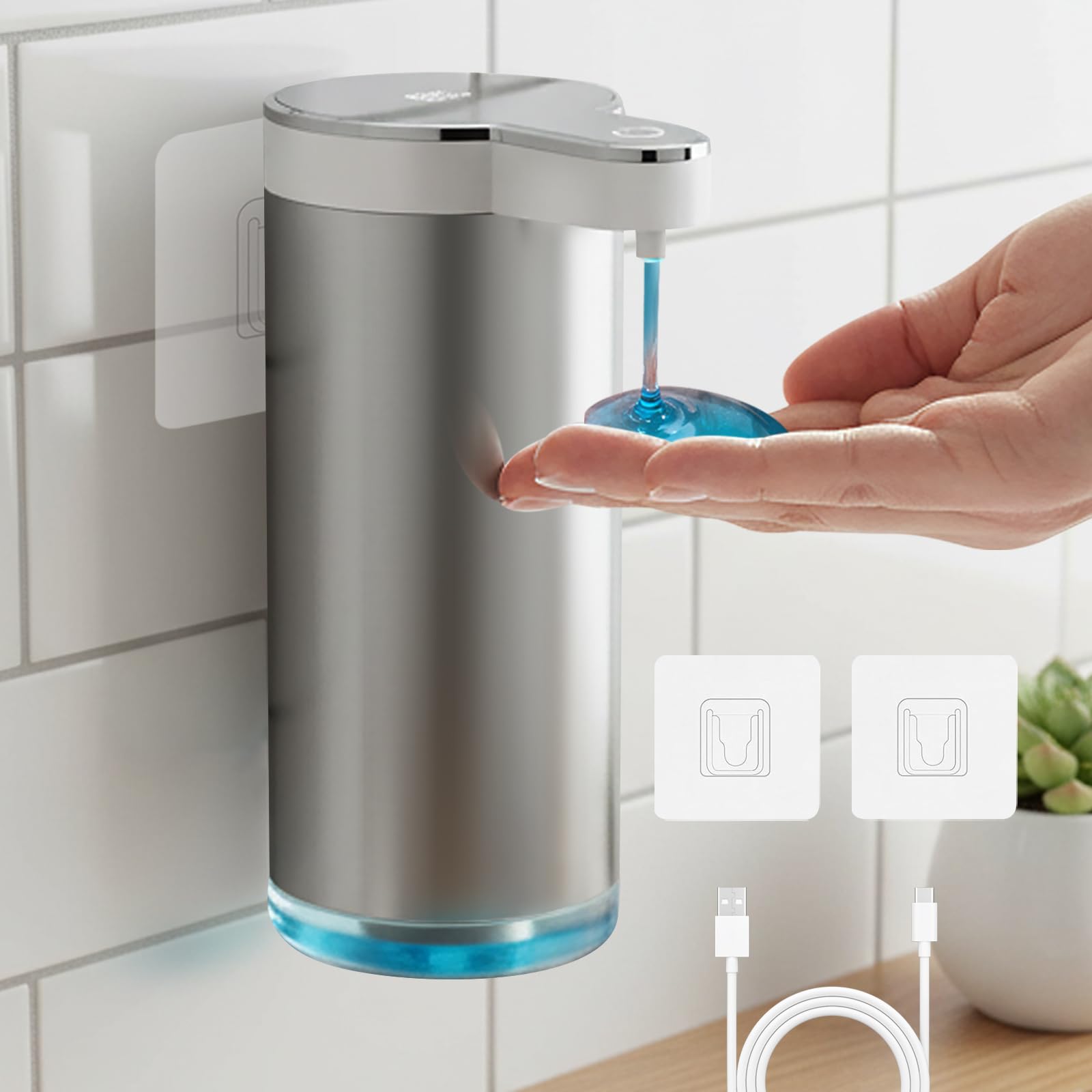 Dispenser di sapone automatico in acciaio inox, 350 ml, erogatore di sapone elettrico, fissaggio a parete con sensore, regolabile in 4 livelli, USB-C ricaricabile, IPX5, impermeabile