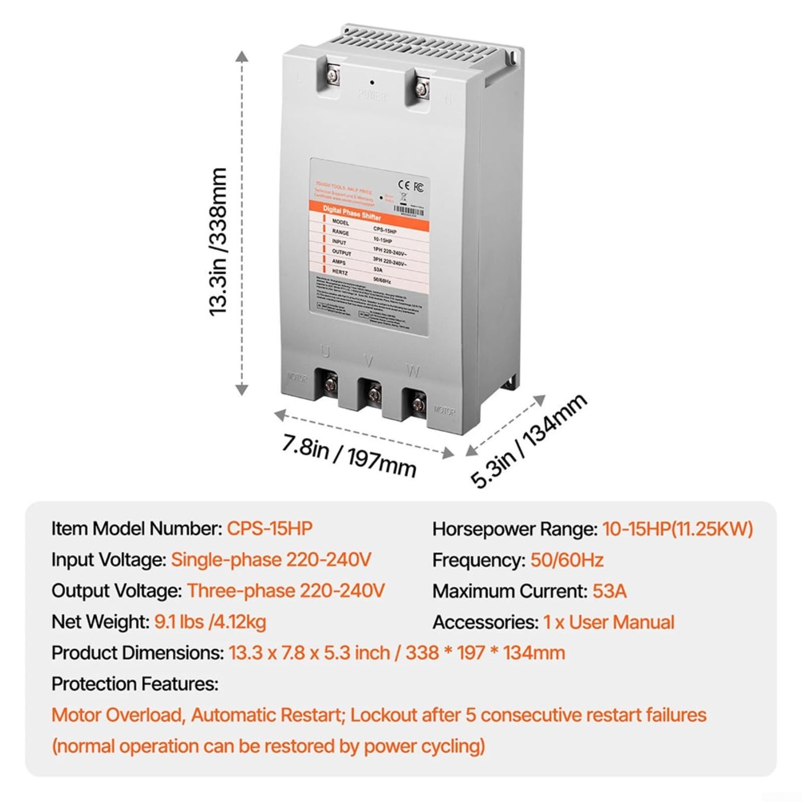 Inverter di fase digitale 15HP 53A, convertitore monofase 220V a trifase 240V, convertitore di frequenza per motori, inverter digitale compatto con connettore semplice, CPS15HP