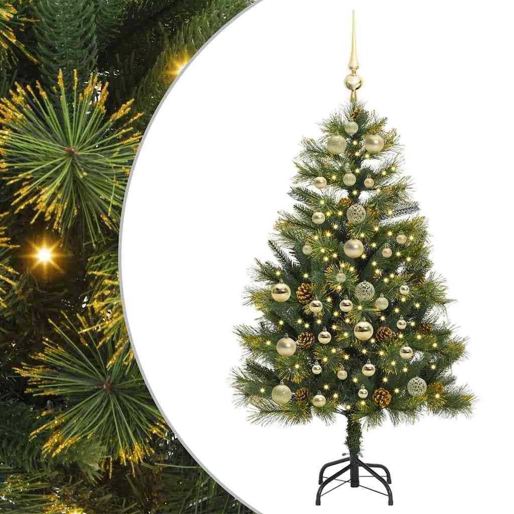 Albero di Natale artificiale pieghevole da 150 cm, sottile, con pigne e luci a LED, PVC e metallo, per interni ed esterni protetti, decorazione festiva