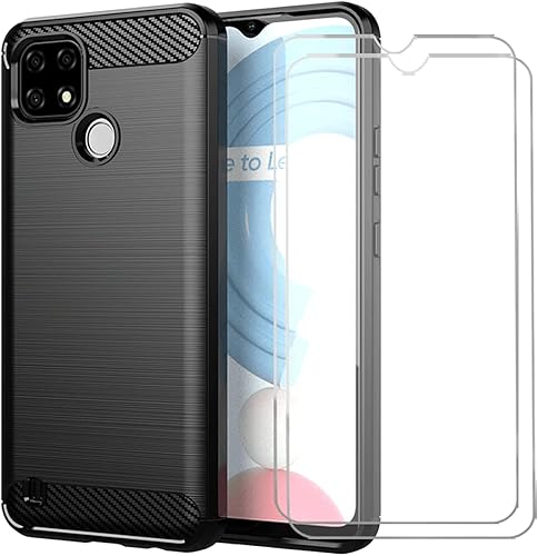 FZZSZS Funda para Oppo Realme C21 + 2 unidades Protector de pantalla de vidrio templado, carcasa de fibra de carbono negro, funda de silicona suave