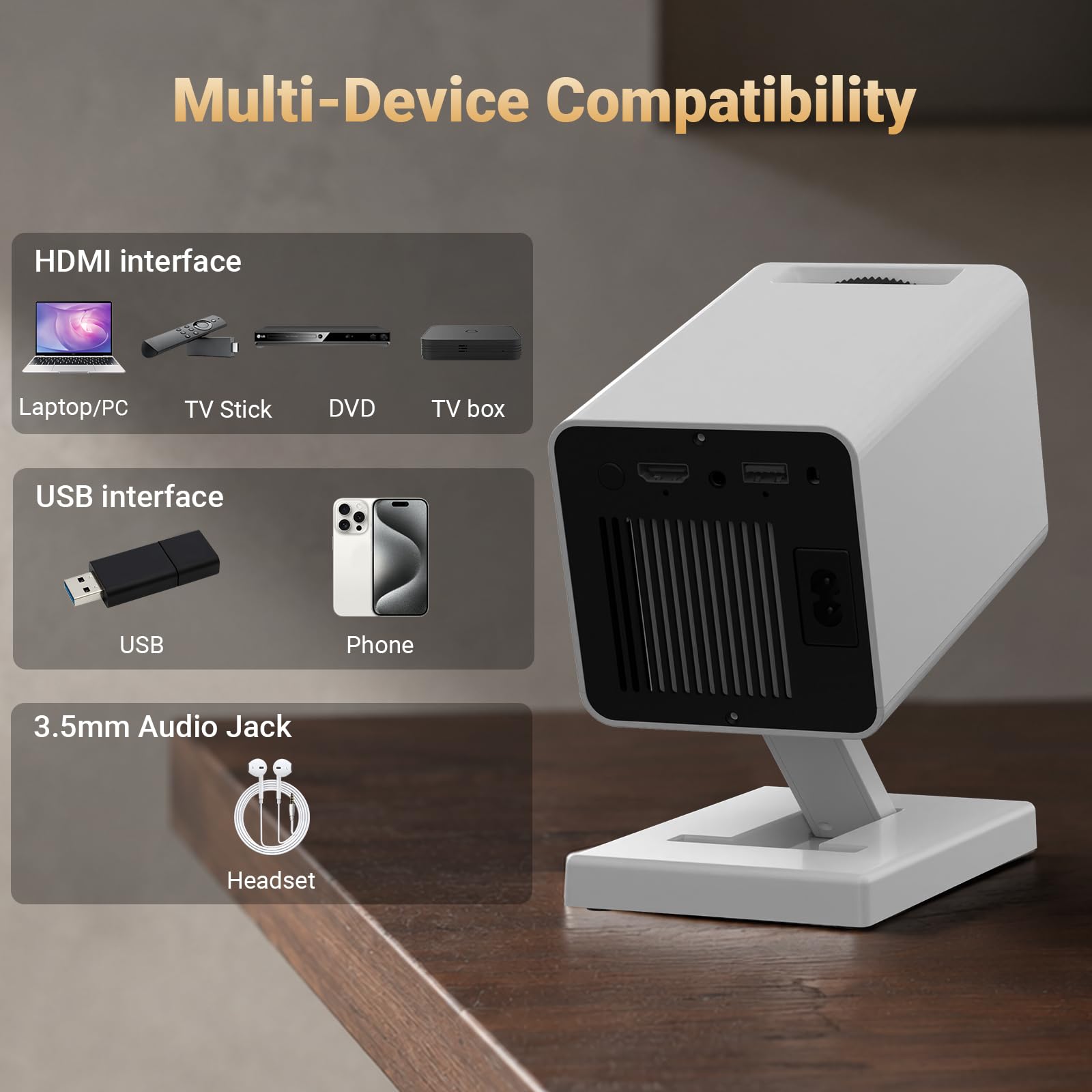 【Built-in APPS】Mini Projector With Wifi And Bluetooth, 1080P 4K Support Portable Projector, Movie Projector for Bedroom, Compatible with Smartphones/TV Stick/iPad/PS5/Laptop/HDMI/USB view 9