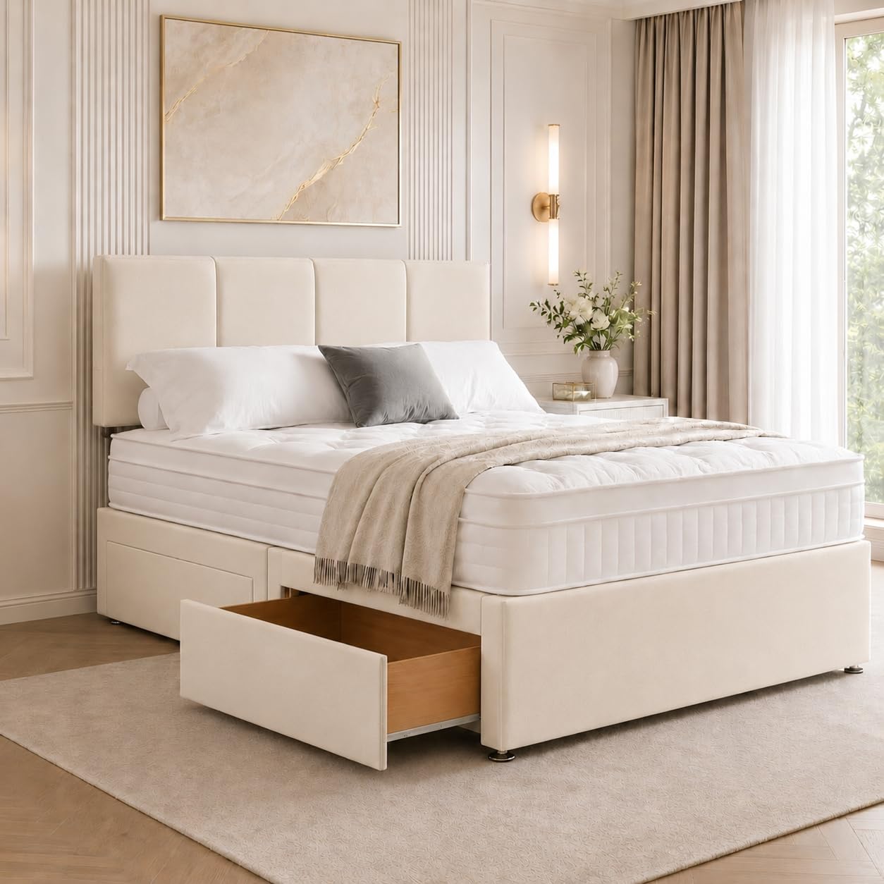 Sleep Tailors Small Double Bed With Storage 2 Drawers, Plush Velvet 4FT Divan Bed Frame 54cm Headboard Small Double Bed With Drawers (Cream)