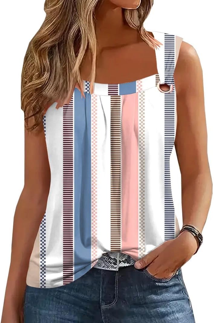 Summer Tank Tops for Women Pleated Square Neck O Ring Shoulder Sleeveless Shirts Casual Loose Fit Trendy Blouses