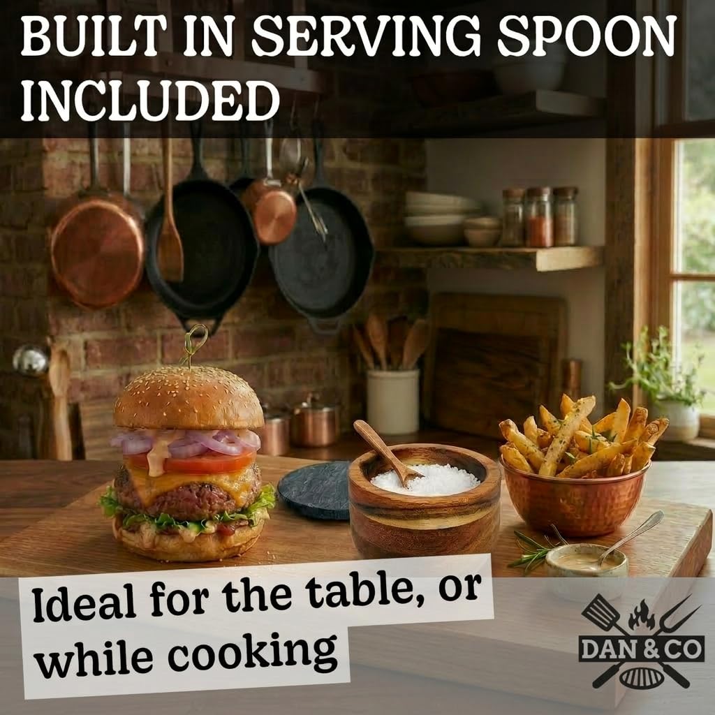 Dan&Co Salero de madera de acacia con cuchara integrada y tapa de mármol de 10 onzas, cerdo de sal para cocina, olla sellada para condimentos, recipiente para pimienta, especias, hierbas, patas de