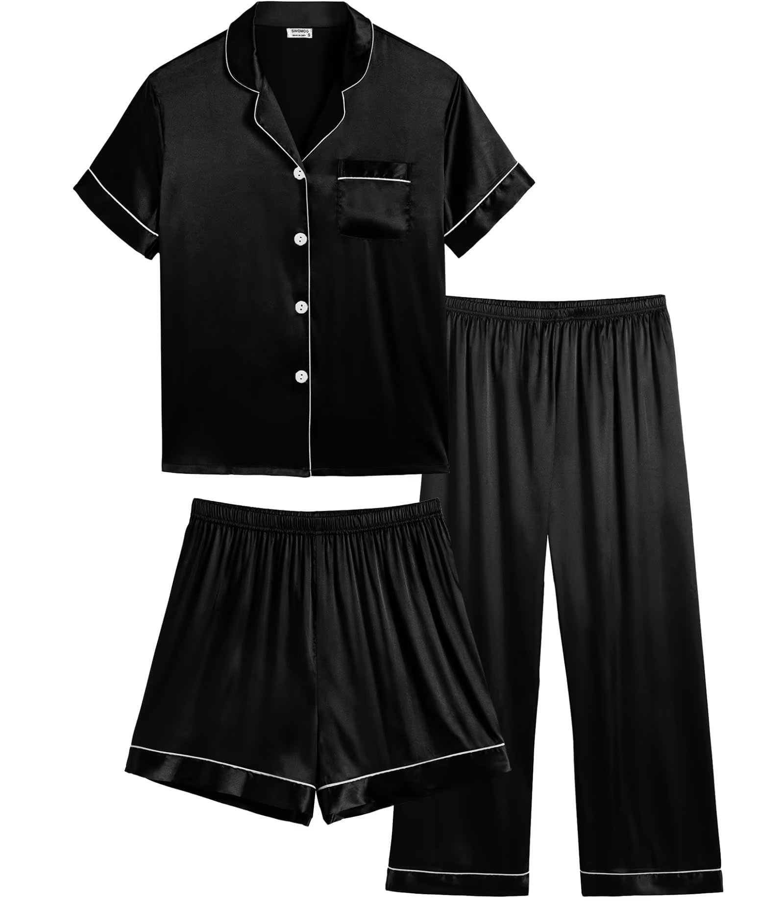 SWOMOG Kid's Silk Pyjamas 3PCS Girls Boys Short Sleeve Satin PJs Set Button-Down Nightwear...