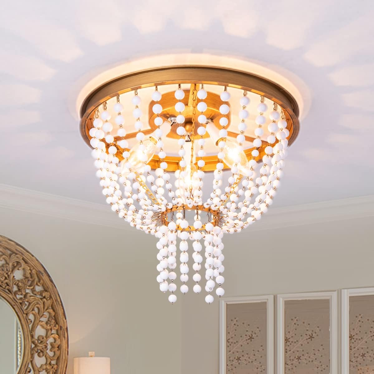 Exсluѕіvе Sресіаl VILUXY Contemporary Beaded Flush Mount Ceiling Light Rustic Mini Chandelier Antique Brass Hand Crafted Paint Finish for Bedroom, Nursery Room, Living Room, Office, Girl Room 3-Light