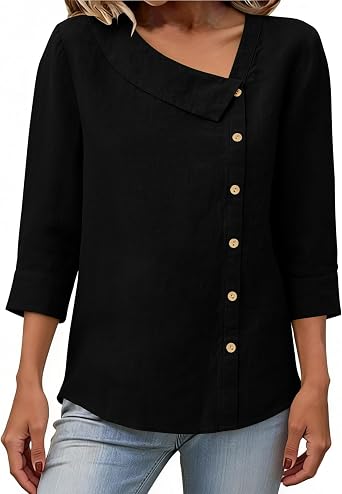 Womens Cotton Linen Shirts Summer Trendy Shirts 3/4 Sleeve Square Neck Blouses Button Down Gauze Tees Casual Tops