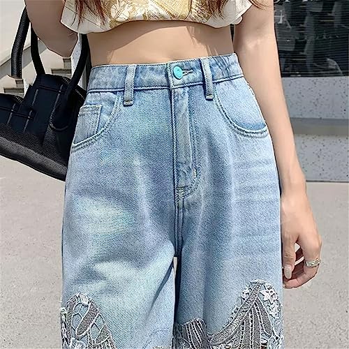 Summer Loose and Versatile Hollow Out Lace Stitching Denim Pants Women High Waist Wide Leg Pants Casual Trousers4