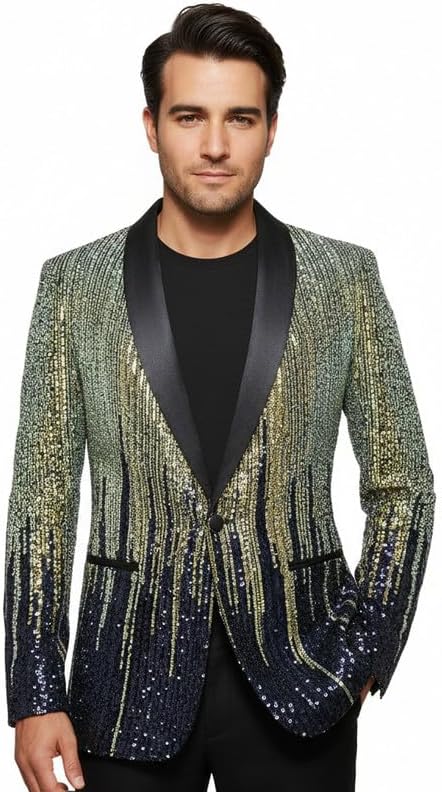 Mens Sequin Blazer Shawl Lapel One Button Gradient Suit Jacket with Pockets for Stage Performance Party