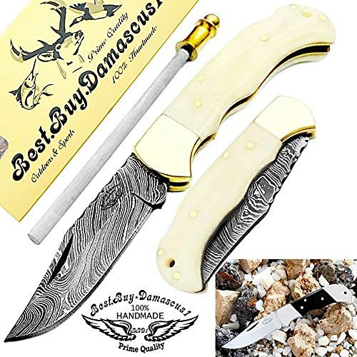 Best.buy.damascus1 Pocket Knife 6.5" Camel Bone Folding Knife 3Pcs Knife Set, Damascus Pocket Knife, Pocket Knife For Men Knife Sharpeners Premium Quality Hunting Gear Gifts For Men #TOP7