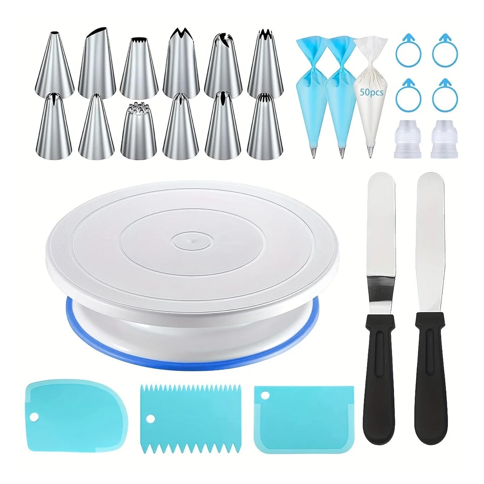 Generico Kit di Strumenti for Decorare Torte da 76 Pezzi - Piatto Girevole Antiscivolo for Principianti e Professionisti Biscotti alla Crema Fai-da-Te Che creano Cottura(76PCS-Blue)