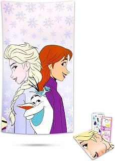 Disney Frozen Beach Towel Bundle ~ Microfiber Frozen Beach Towels for Girls and Boys 40 x 72 Inches | Frozen Pool Towel with 25 Frozen Stickers and More (Frozen Beach Accessories)