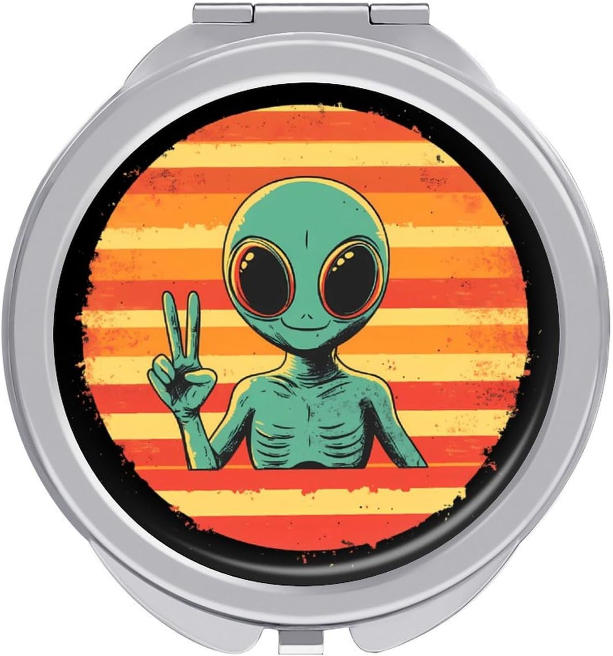 Vintage Aliens Peace Sign Compact Makeup Mirror Mini Foldable Cosmetic Mirror Portable Travel Mirror for Purse Pocket