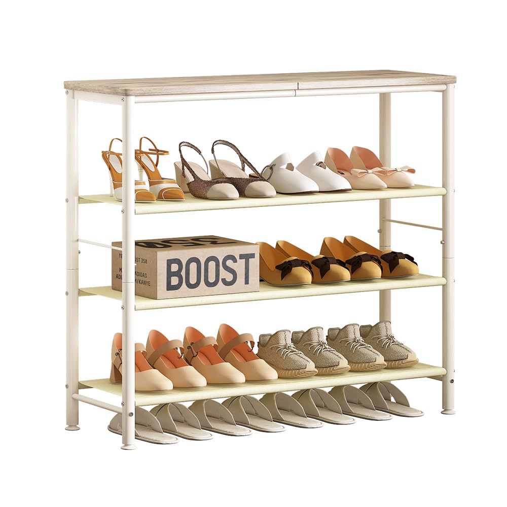INGIORDAR Shoe Rack Organizer 5 Tier Metal Organizer Shelf with Industrial MDF Board and Layer Fabric for Entryway Closet Bedroom Living Room Garage (White, 4 Tier)